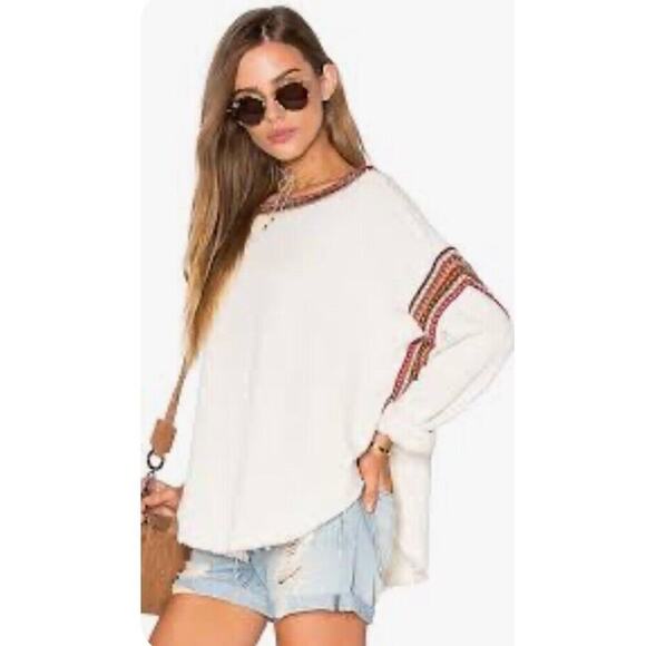 Free People Boho Trudy oversized ribbon decor trim pullover sweater top, size PS - Picture 1 of 8